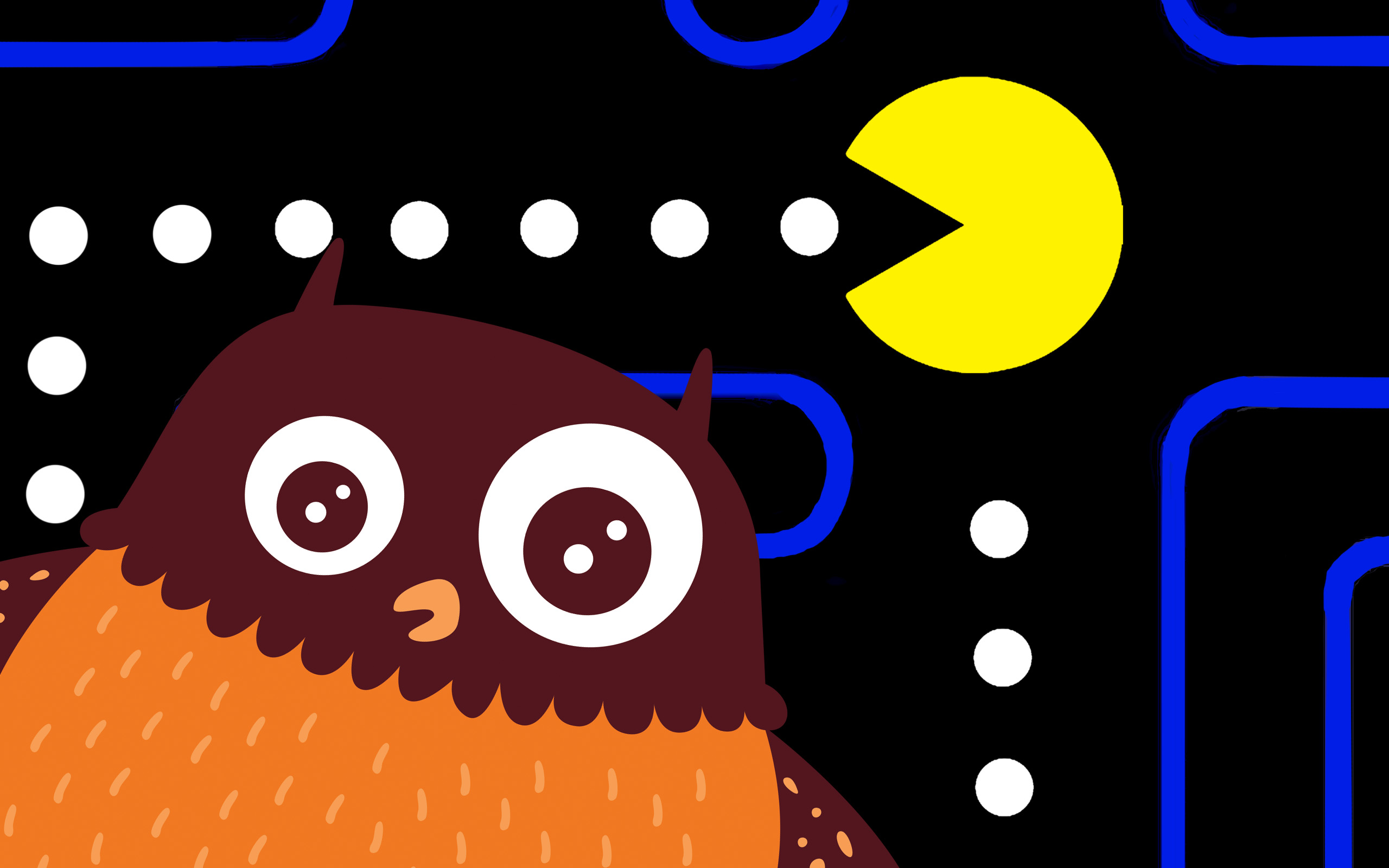 Polarugglan framför ett Pac-Man spel.